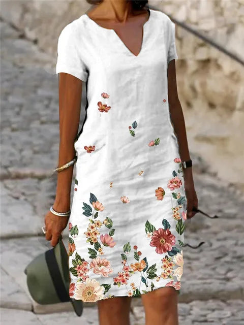 Vintage Print Women's Dress V Neck Short Sleeve Loose Fit Summer Spring Dress
