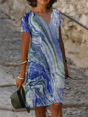 Vintage Print Women's Dress V Neck Short Sleeve Loose Fit Summer Spring Dress