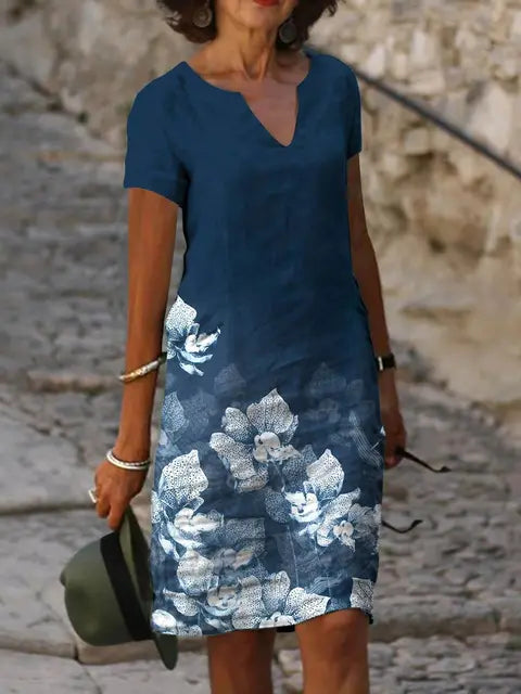 Vintage Print Women's Dress V Neck Short Sleeve Loose Fit Summer Spring Dress