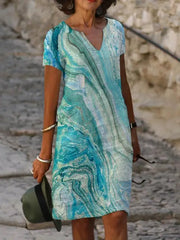 Vintage Print Women's Dress V Neck Short Sleeve Loose Fit Summer Spring Dress