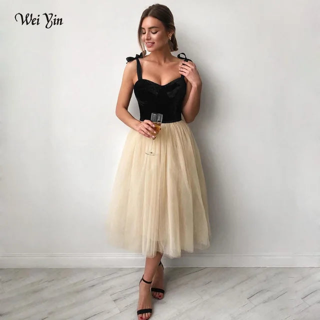 Tulle Spaghetti Strap A-Line Prom Dress Velvet Top Sexy Cocktail Dress Homecoming Evening Dresses Plus Size