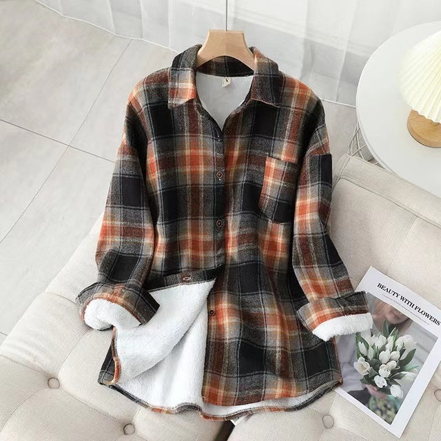 Women's Thick Velvet Plaid Shirt, Soft Warm Flannel Shirt, Vintage Warm Casual Fall Jacket