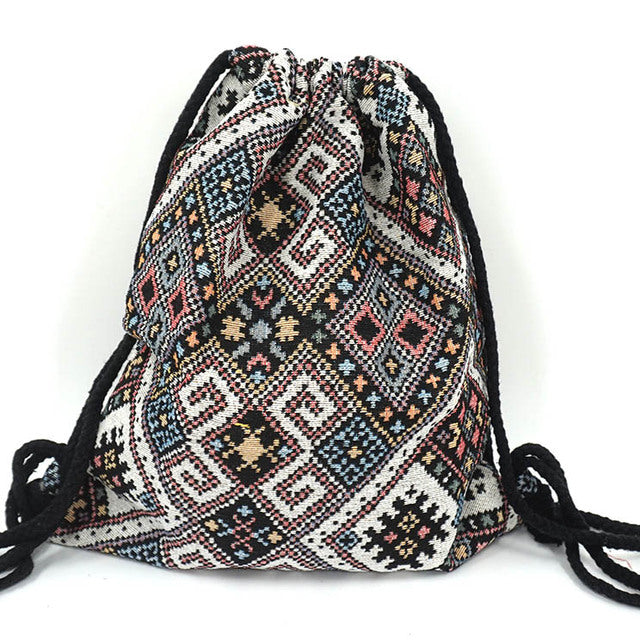 Women's Fabric Backpack Bohemian Hippie Chic Soft Brown Bag Drawstring Backpack
