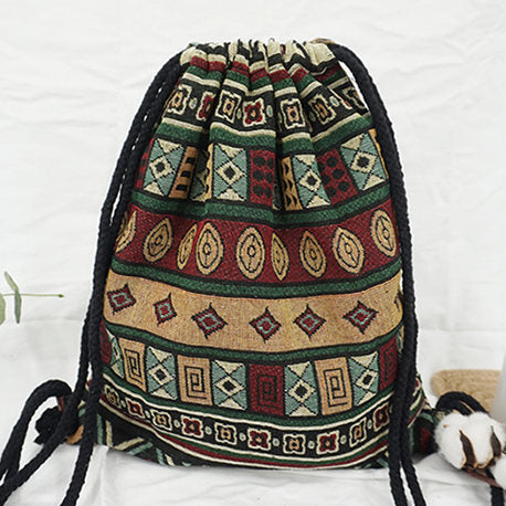 Women's Fabric Backpack Bohemian Hippie Chic Soft Brown Bag Drawstring Backpack