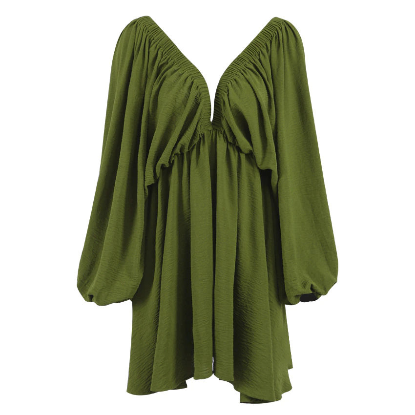 Sexy Green Pleated Lantern Sleeve Backless Mini Dress