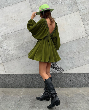 Sexy Green Pleated Lantern Sleeve Backless Mini Dress