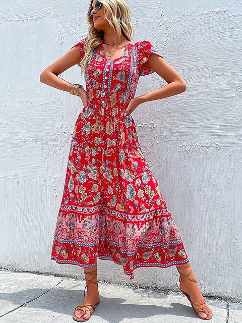 Vintage Floral Print Boho Midi Dress Women V-Neck Slit Casual Beach Vacation Summer Fashion