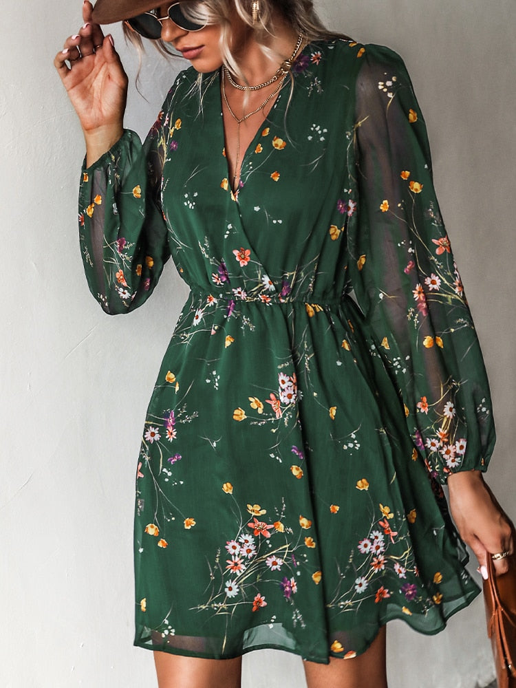 Floral Print Dress Chiffon V-Neck Long Sleeve Mini Dress
