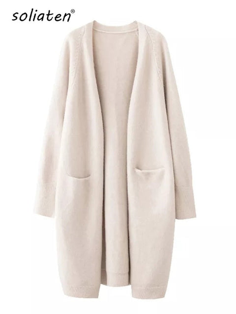 V-Neck Knit Cardigan Women Loose Thick Warm Pockets Spring Autumn Winter Casual Cozy Fashion