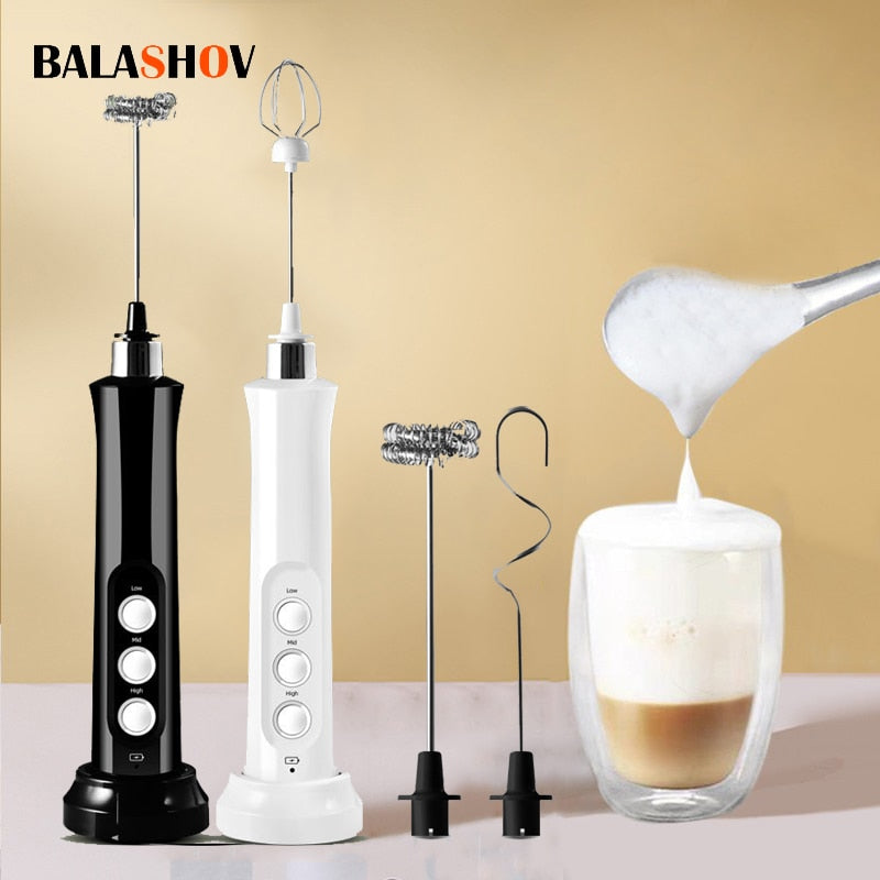 Portable Electric Milk Frother Rechargeable Foam Maker Handheld Matcha Whisk 3-Speed Mixer Mini Blender for Coffee Frappe Latte Hot Chocolate