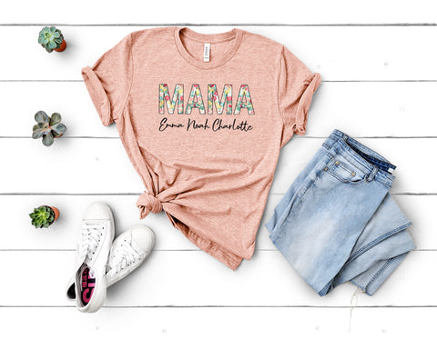 Personalized Mama T-Shirt Women Floral Custom Kids Names Mother's Day Gift Fashion Top