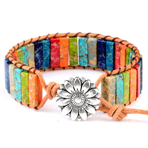 Multicolor Natural Gem Stone & Leather Adjustable Unisex Bracelets Meditation Yoga Bracelet