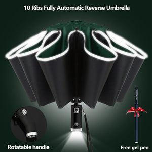 Fully Automatic Reverse Folding Umbrella With LED Flashlight Windproof Reflective Stripe UV Umbrellas For  Rain Or Sun