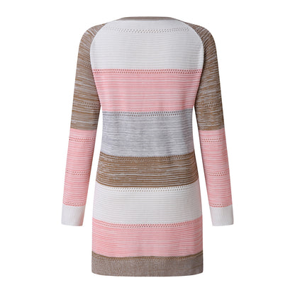 Women's Autumn and Winter Mid Length Striped Pocket Cardigan Stylish Knit