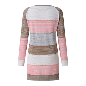 Women's Autumn and Winter Mid Length Striped Pocket Cardigan Stylish Knit