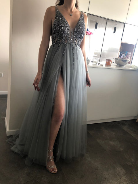 High Split Tulle Evening Gown Women Light Gray Sleeveless Elegant Prom Wedding Guest Fashion