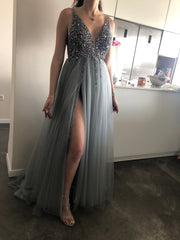 Light Gray High Split Tulle Sleeveless Evening Gown Prom Dress