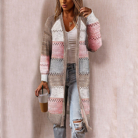 Striped Pocket Knit Cardigan Women Mid-Length Stylish Casual Warm Autumn Winter Fashion
