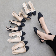 Women's Low Heel Genuine Leather Slingback Shoes Square Toe Pumps Thick Heel Shoes