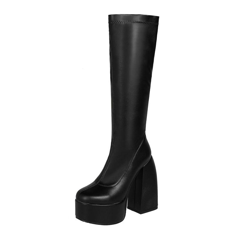 Women's Black Platform Under Knee Boots Stacked High Heeled Boots Round Toe Stretch Go-Go Boot