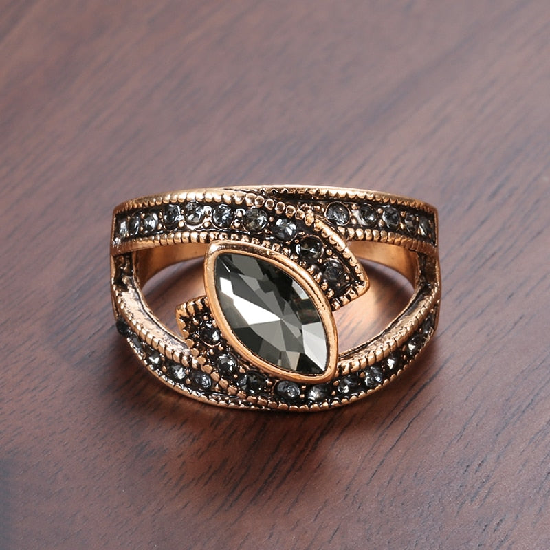 Women's Boho Vintage Style Crystal Ring Antique Gold Big Zirconia Stone Ring