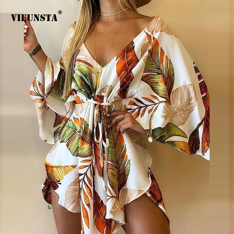 Women's Tropical Print Dress V Neck Batwing Sleeve Tie Mini Dress Beachwear