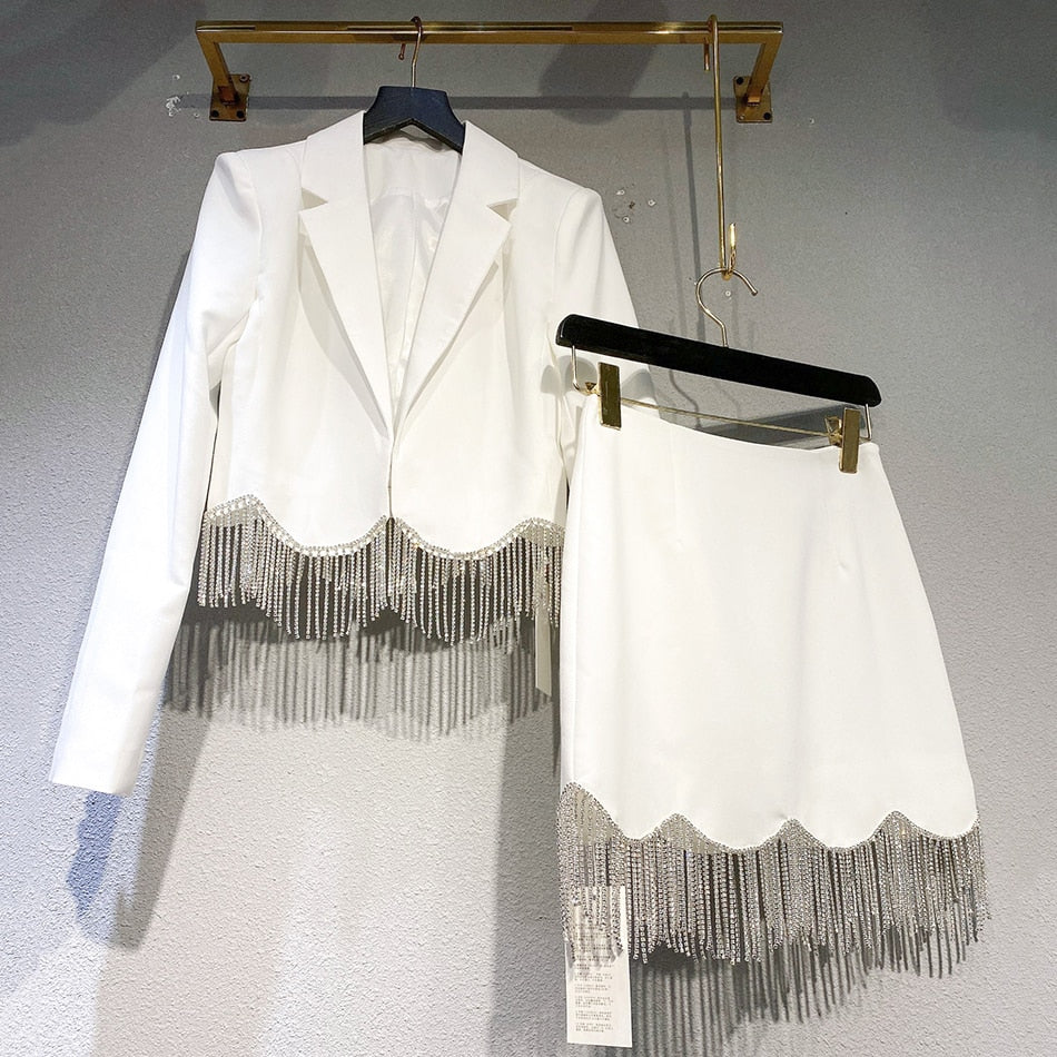 Sexy Rhinestone Tassel High Waist Short Suit Jacket + Mini Skirt 2 Piece Set