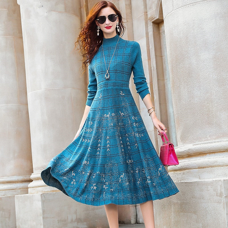 Elegant A-line Knit Slim Waist Dress Long Sleeve Sweater Dresses for Women