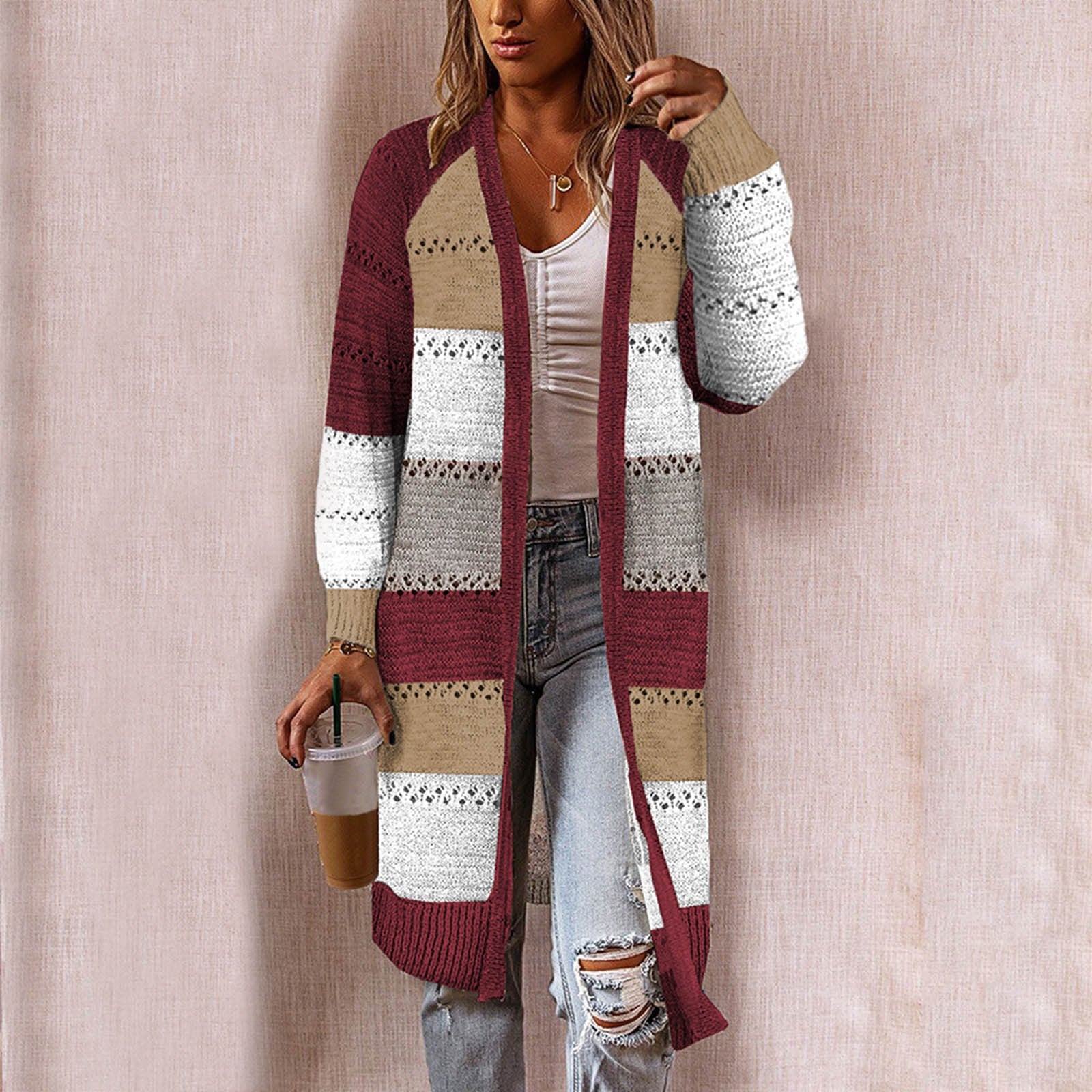 Women's Autumn and Winter Mid Length Striped Pocket Cardigan Stylish Knit