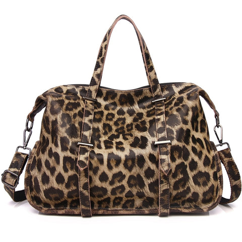 Women Large Capacity Top-handle Bag Leopard Pattern Genuine Leather Handbag