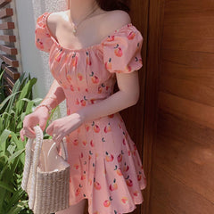 Elegant Pink Korean Style Dress for Women Fruit Print Mini Summer Dress