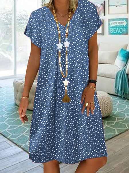 Women's Bohemian Summer Dress Loose Fit V Neck Short Sleeve Print Dress Plus Sizes