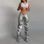 Solid Faux Leather Shiny Women Pants Irregular Shape