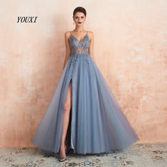 Sexy Spaghetti Strap Evening Dress Long Slit Corset Prom Dress
