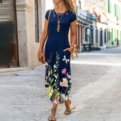 Women's Plus Size (S-3XL) Floral Print Short Sleeve Summer Dress Round Neck w/ Pockets Long Boho Dress