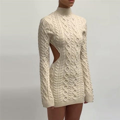 Women's Knit Mini Dress Backless Turtleneck Soft Bodycon Stretch Dress