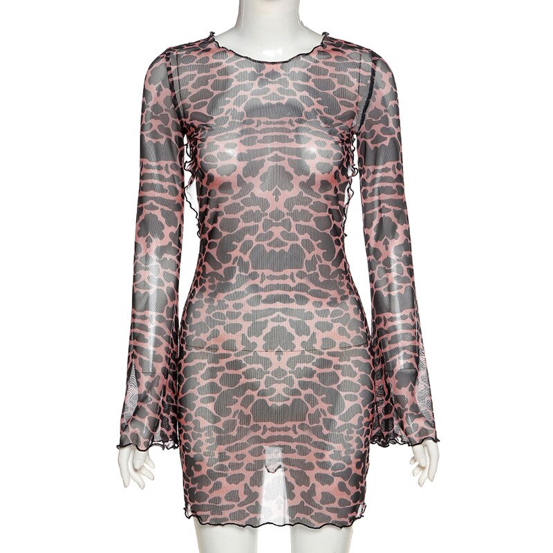 Women's Party Mini Dress Long Sleeve Sexy Open Back Leopard Sheath Dress