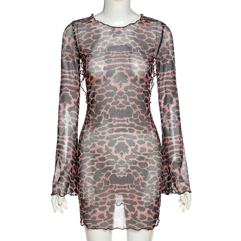 Leopard Print Open Back Mini Dress Women Long Sleeve Sheath Party Casual Fashion Dress