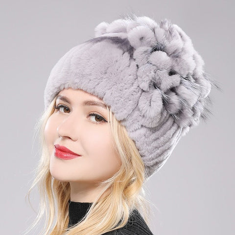 Rex Rabbit Fur Beanie Women Genuine Real Fur Striped Flower Warm Knit Winter Hat Cap