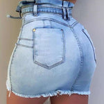 Women's Summer High Waist Denim Skirt Slim Mini Skirt Lace Up Buttons Patchwork