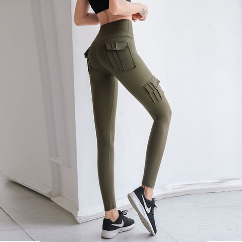 High Waist Tummy Control Cargo Leggings Women Fitness Yoga Pockets Gym Workout Fashion