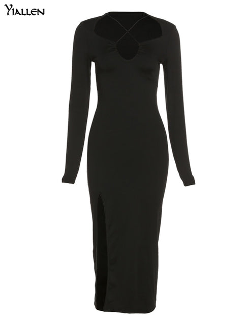Cross Front Side Split Bodycon Midi Dress Women Black Slim Fit Elegant Party Fashion Dress