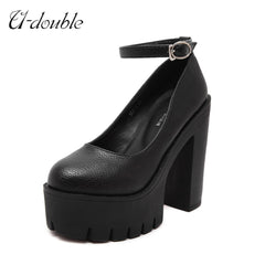 Women's High-Heel Platform Shoes Sexy Chunky Heels Platform Pumps Black White Big Size 42