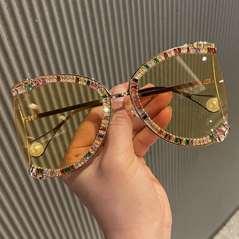 Luxury Crystal Rhinestone Sunglasses Women Fashion Oversized Ladies Glasses
