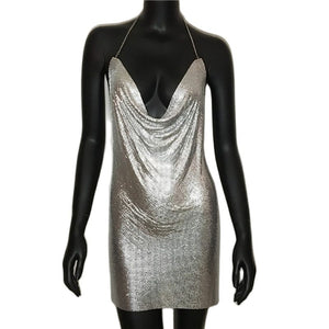 High Fashion Sexy Short Backless Metal Mesh Split Shiny Dress