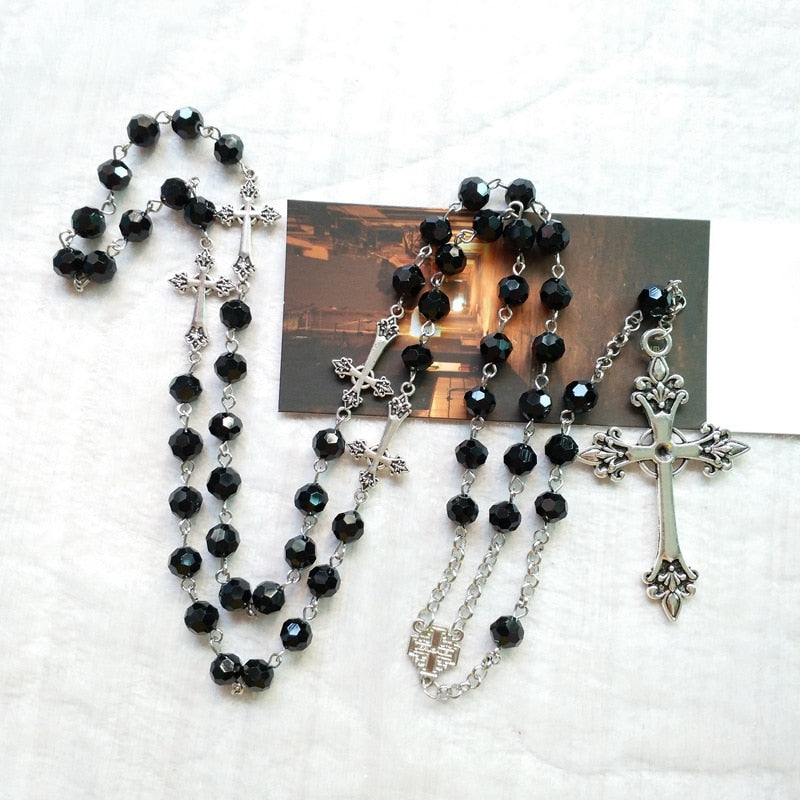 Black Crystal Long Pendant Rosary Necklace