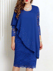 Plus Size Elegant Dress Ruffle Patchwork Mesh Lace 3/4 Sleeve Dress