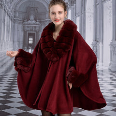 Women's Faux Fur Collar Cashmere Party Overcoat Fake Rabbit Fur Big Striped Collar Knitted Cardigan Cape