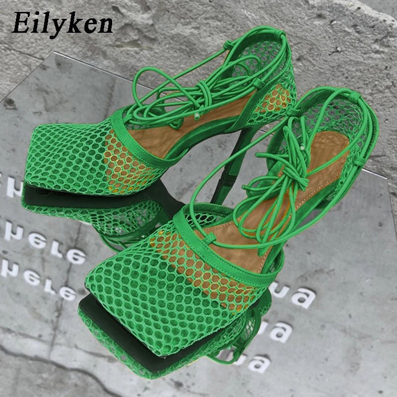 Square Toe Mesh High Heel Stiletto Pumps Women Lace-Up Cross Tie Elegant Party Fashion Shoes