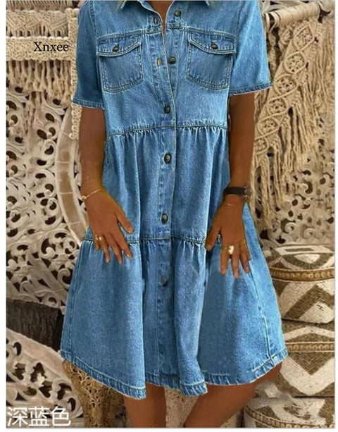 Plus Size Vintage Denim Maxi Dress Women Casual Boho Knee Length Beach Vacation Summer Fashion